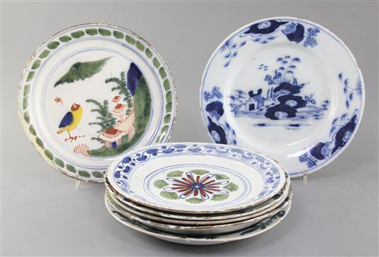 Seven English and Dutch delftware plates and dishes, c.1700-1760, 22 - 23cm, some damage